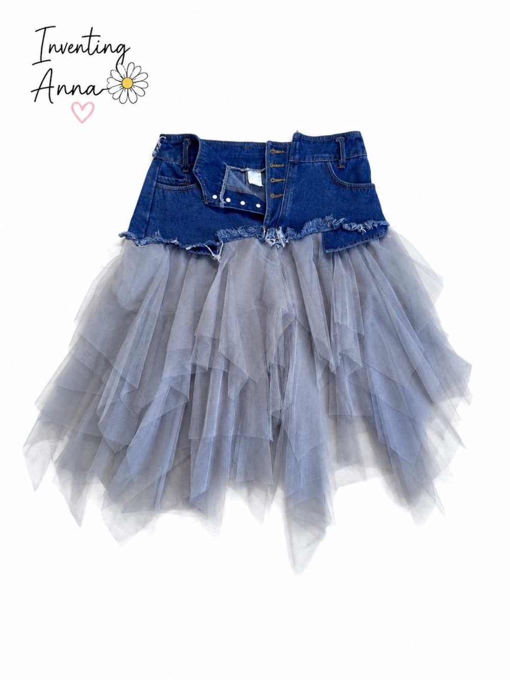 Denim Tulle Skirt Blue Gray Layered Asymmetrical Western Boho Festival Cowgirl